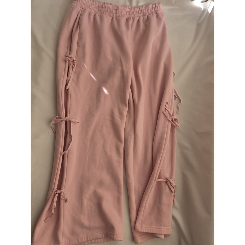 Edikted Women's XL Pink Wide Leg Sweatpants Side Tie Bow Cutout Y2K Coquette
